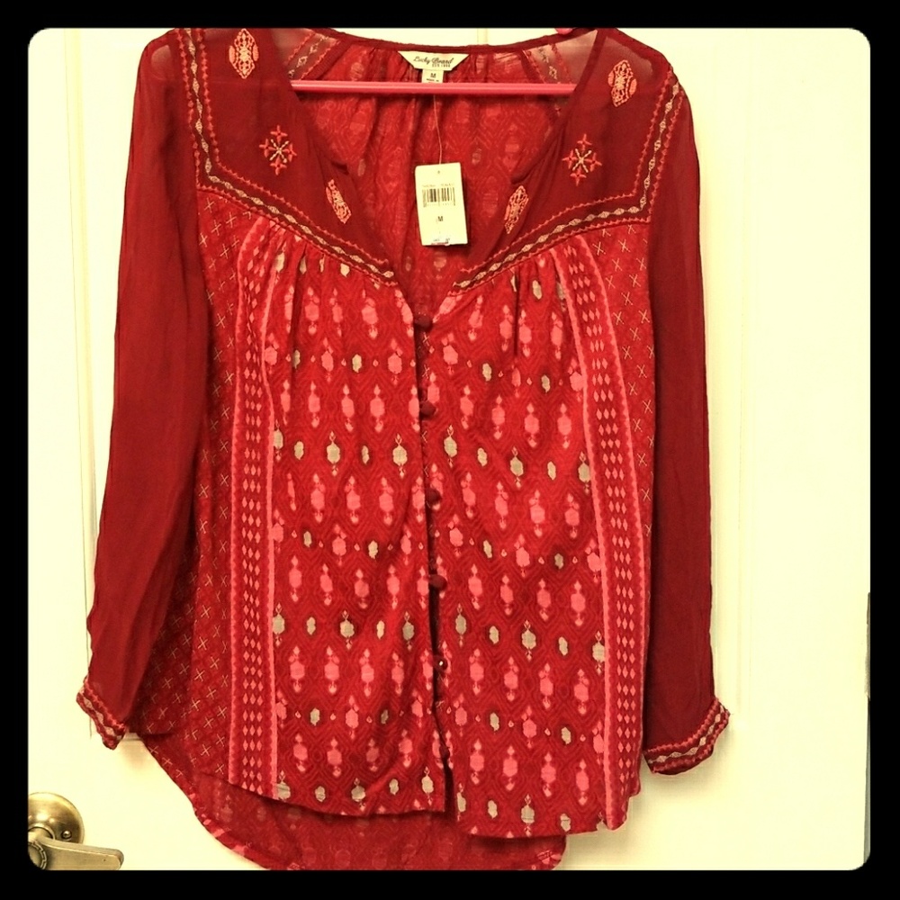 NEW Lucky Brand Red Silky blouse with sheer sleeve